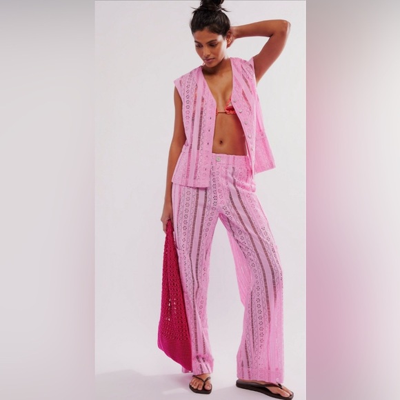 NWT Damson Madder Alys Vacation Pant Pink Eyelet Organic Cotton 10 Medium - Picture 1 of 9